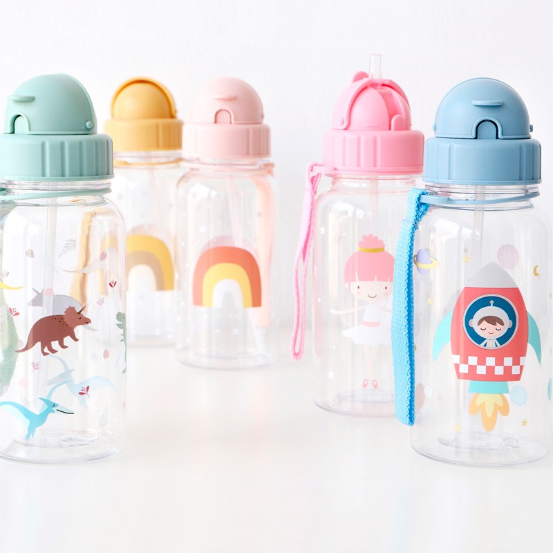 Botella de agua infantil, plástico, con pajita, unicornio