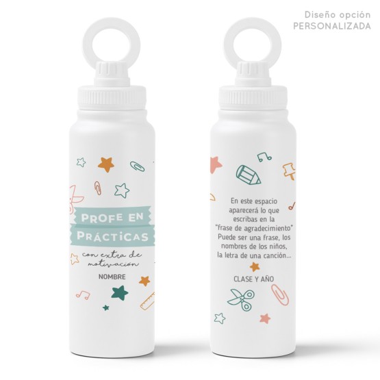 botella regalo profe en pr&aacute;cticas personalizada