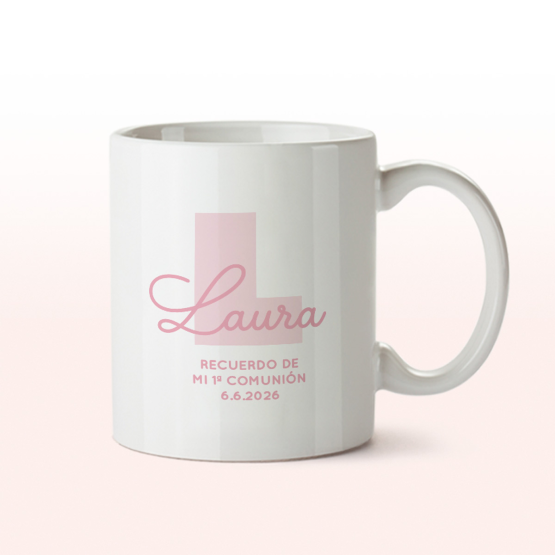 taza comunion inicial rosa